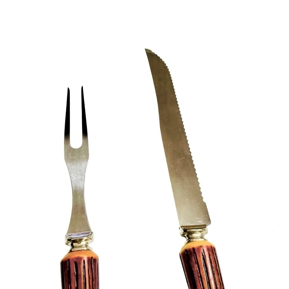 Vtg Carving 70s Fork Knife Set Faux Wood Textured Handle Stainless Steel USA